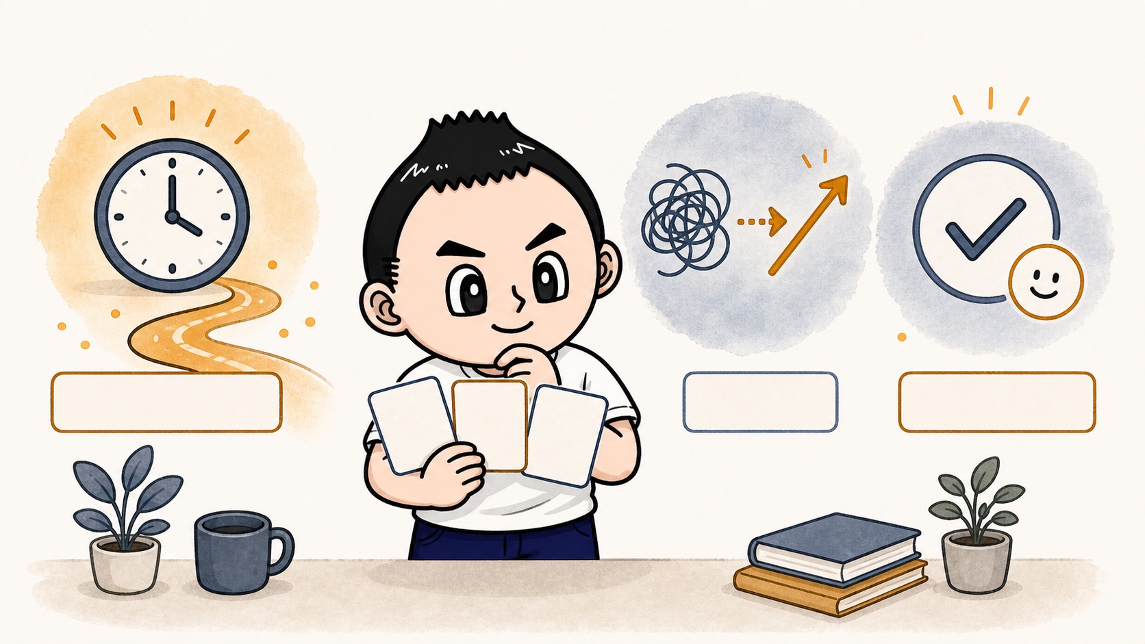 AI活用の初期指標を時間手戻り安心感で見るイラスト