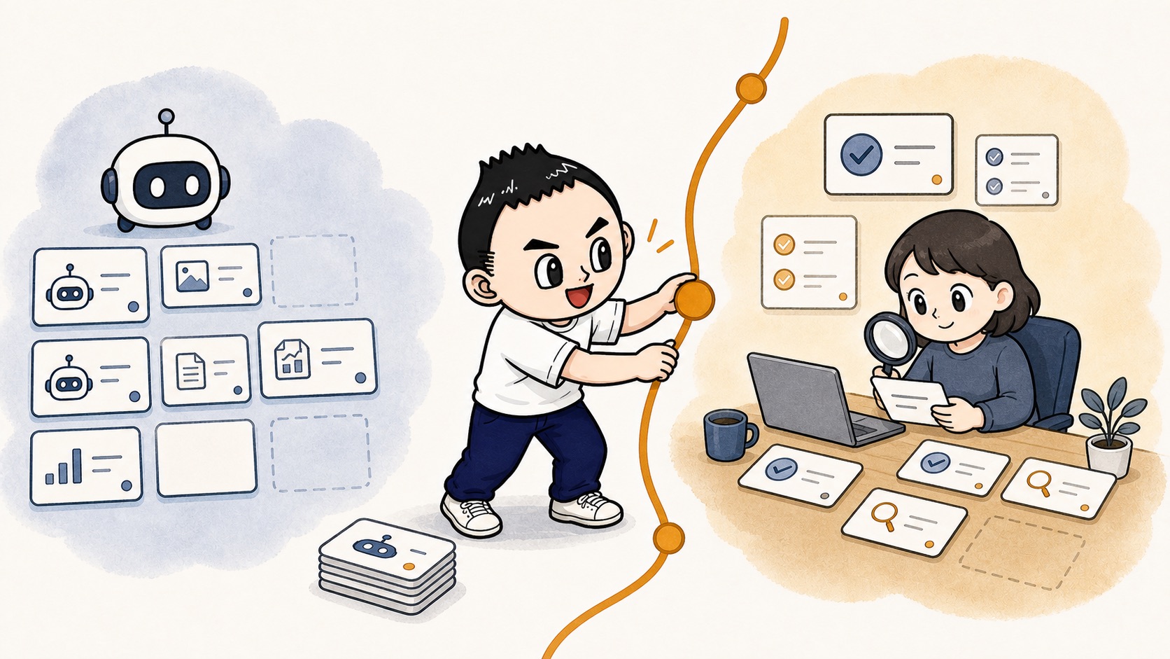 AIに任せる範囲と人が確認する範囲を運用ログで調整するイラスト
