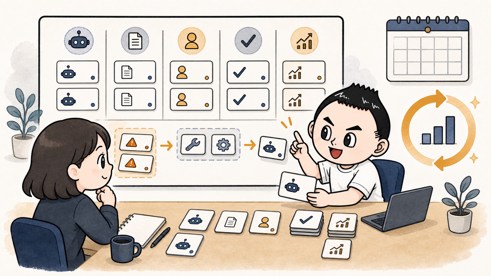 AI活用ログを週1回振り返り失敗を減らすイラスト