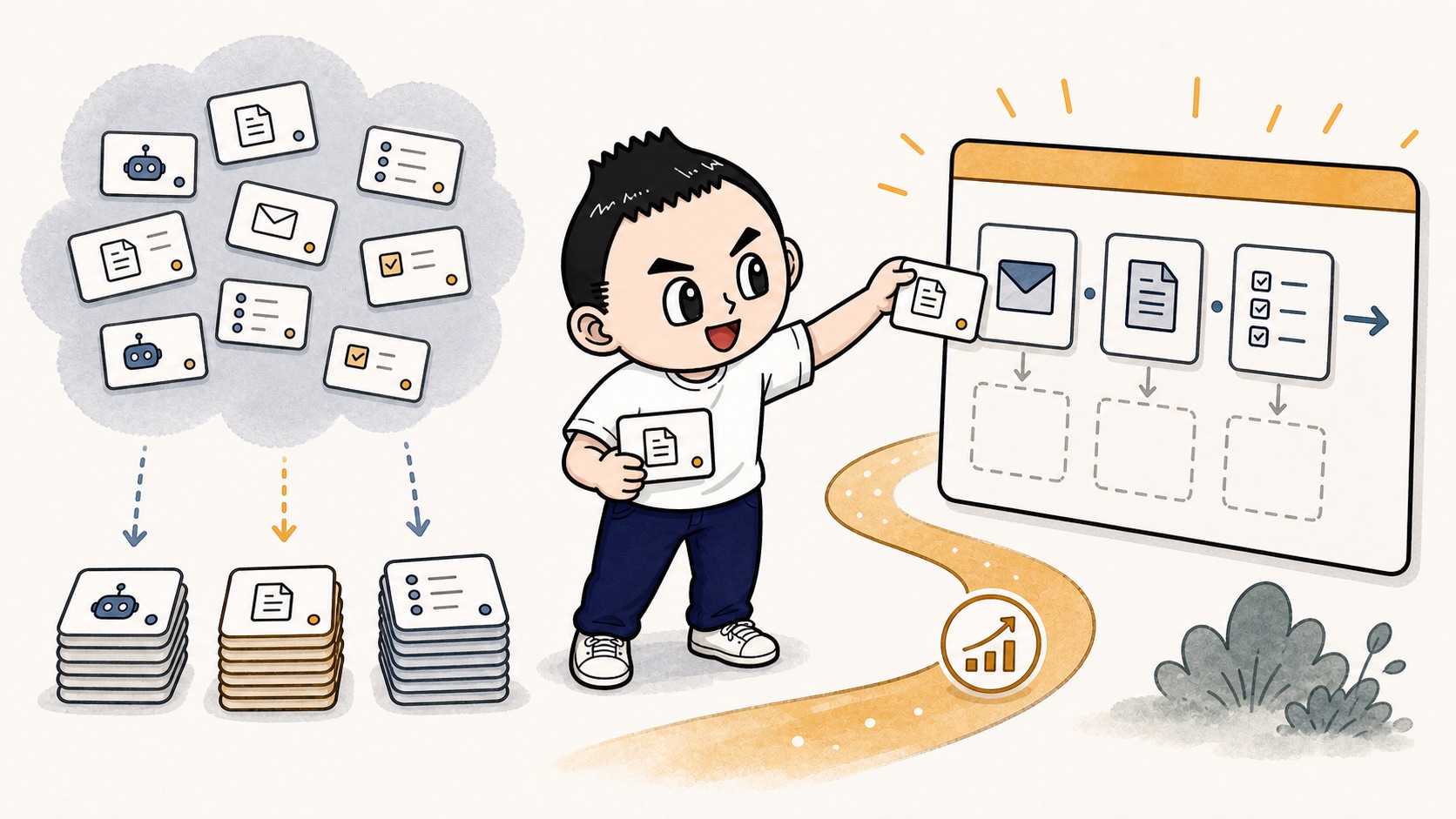 AI活用の運用ログから次に内製化する業務を選ぶイラスト