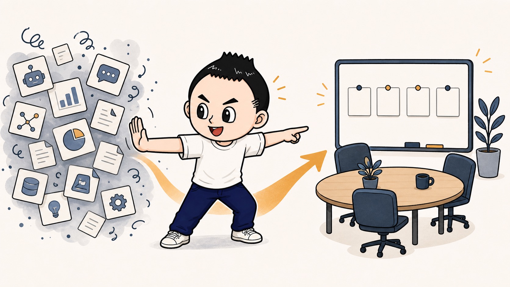 AI活用の使い方を増やす前に小さな改善会議を作るイラスト