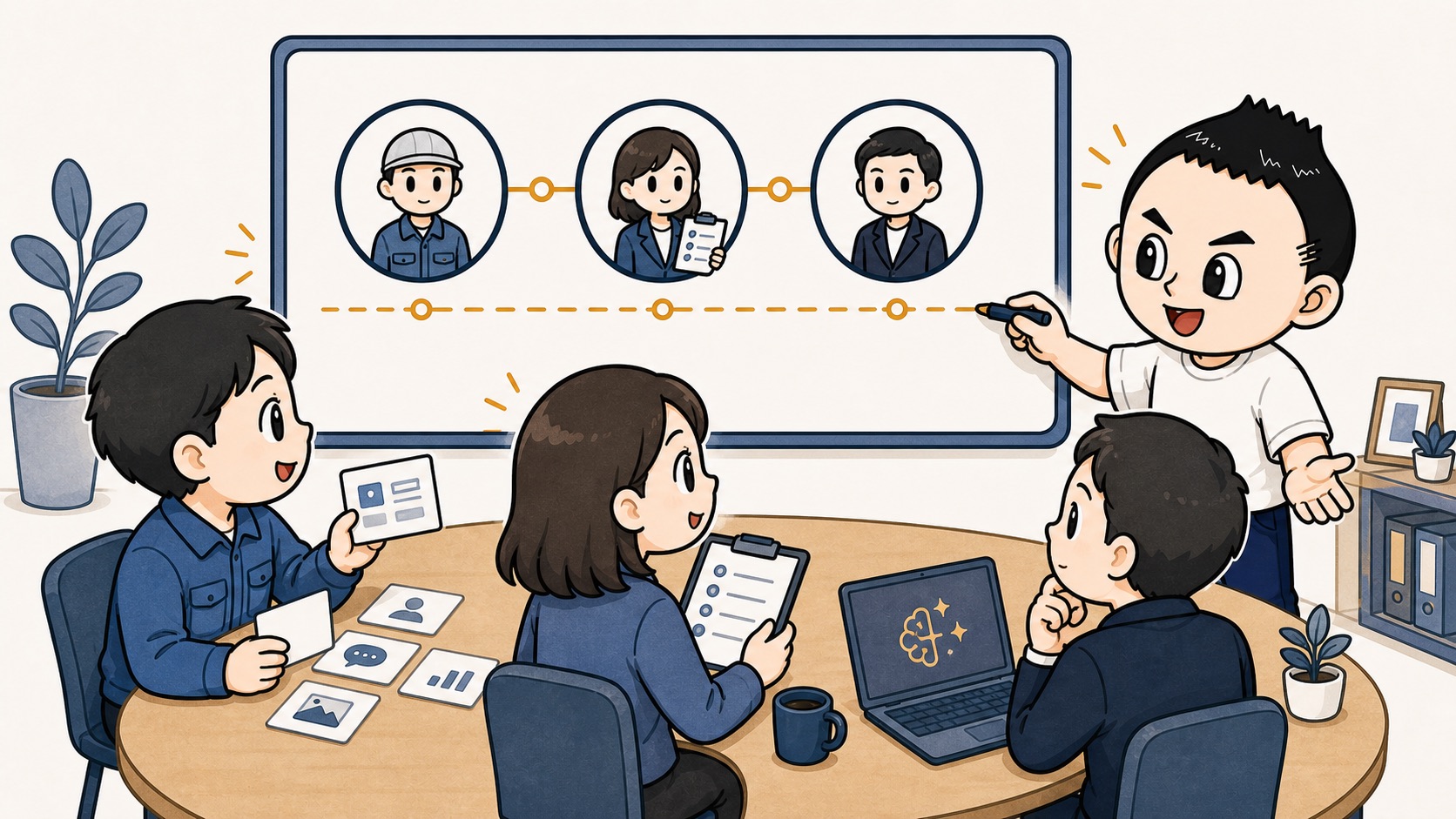 AI改善会議に現場担当者と確認者と決める人が集まるイラスト