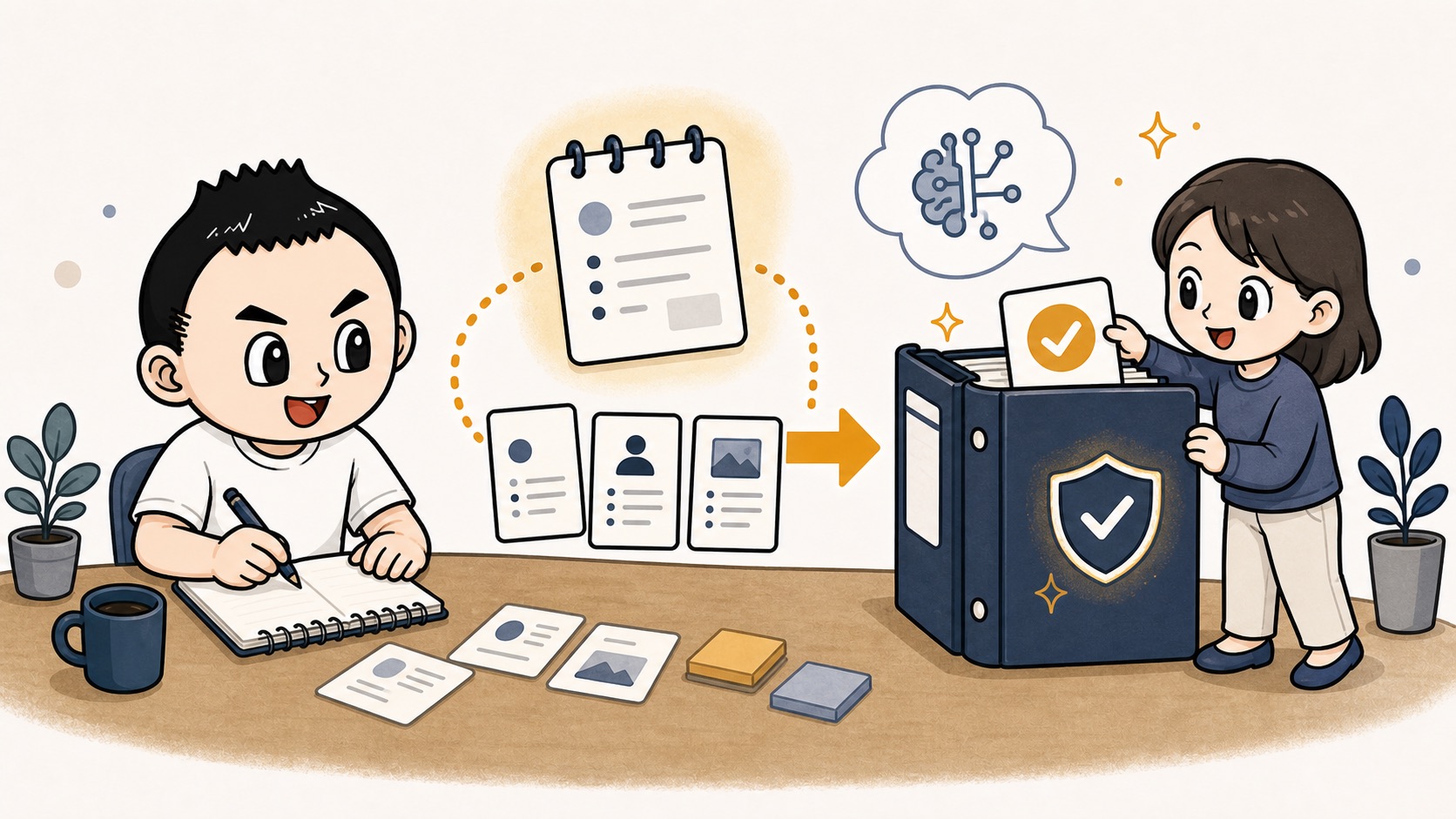 AI改善会議の議事録が社内AIルールの下書きに育つイラスト