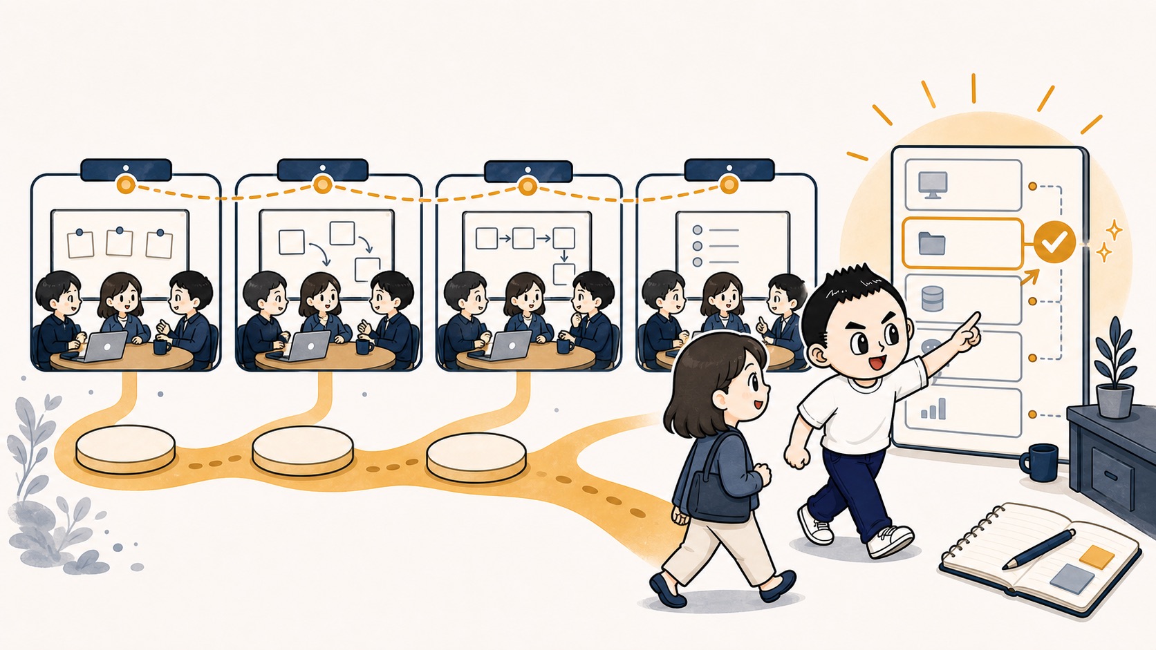 15分のAI改善会議を4回続けて社内展開の順番が見えるイラスト