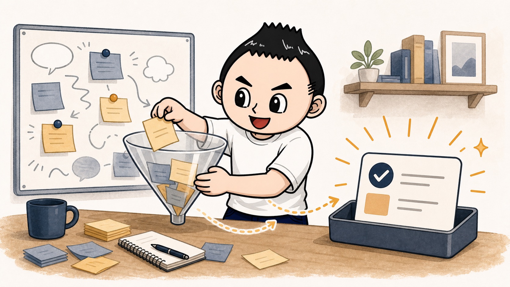 AI改善会議の決定事項を1行ルールカードにまとめるイラスト