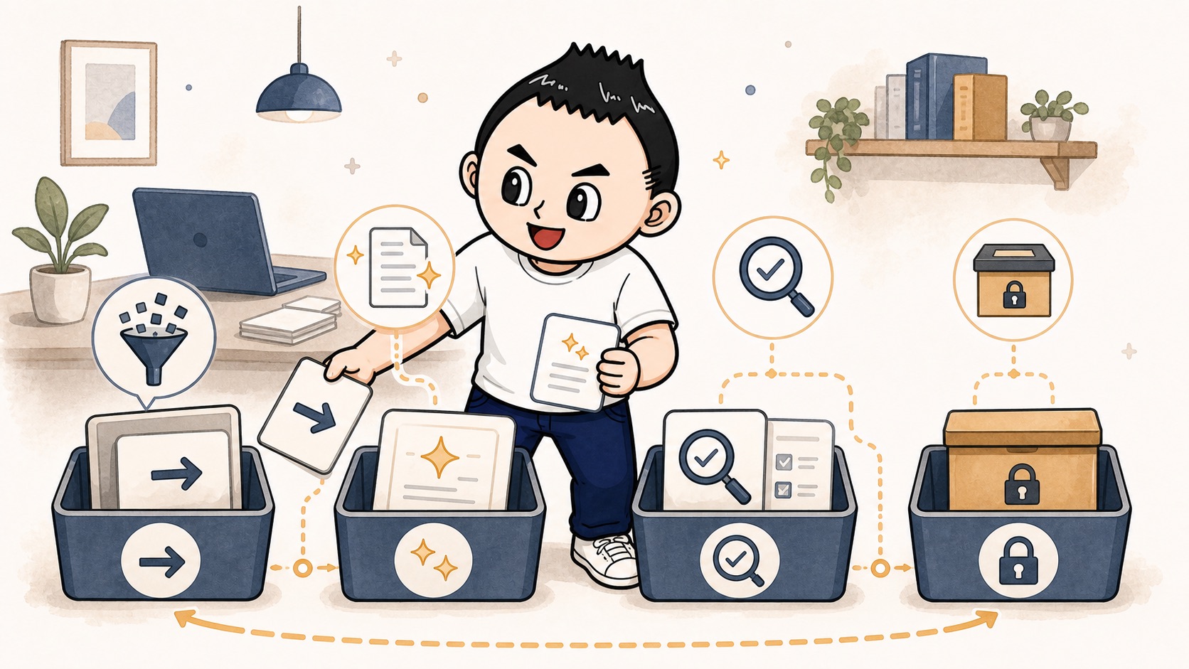 AI利用ルールを入力出力確認保存の4分類で整理するイラスト