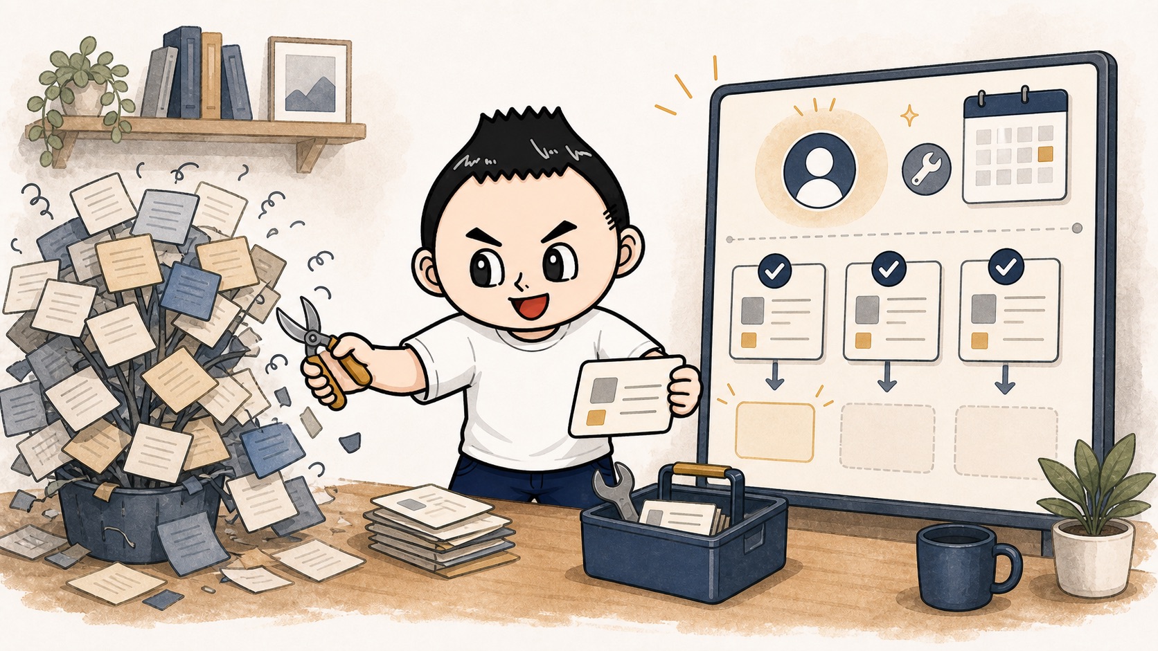 AI社内ルールを増やしすぎず担当者が古いルールを整えるイラスト