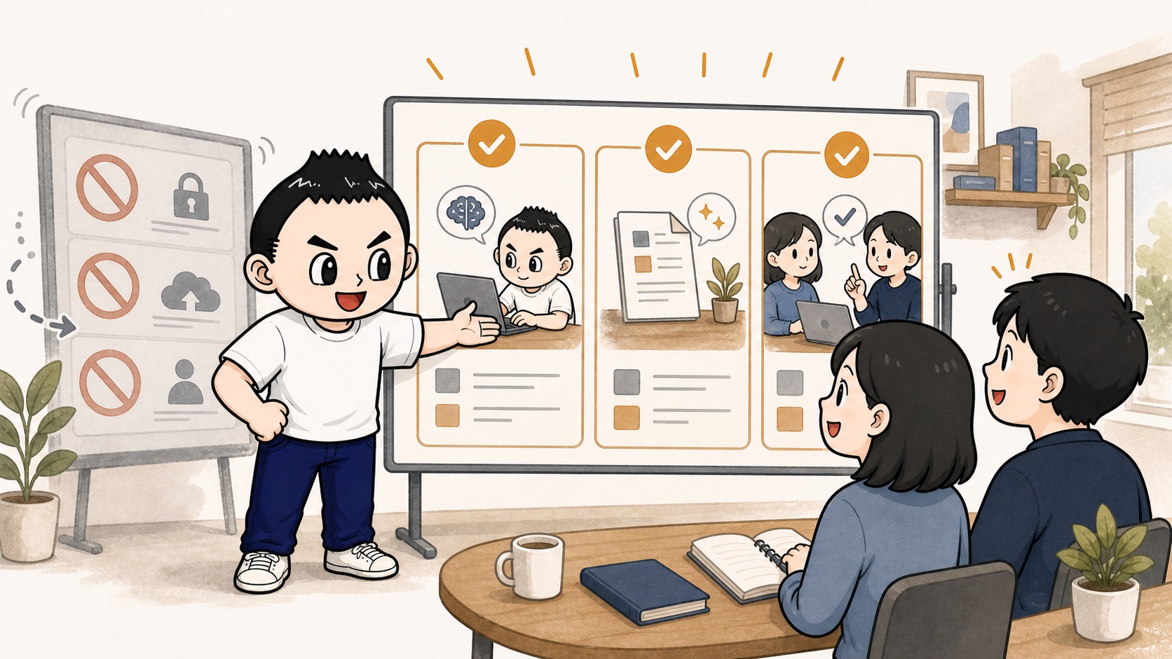 AI社内ルールを禁止事項ではなく判断例で現場へ共有するイラスト