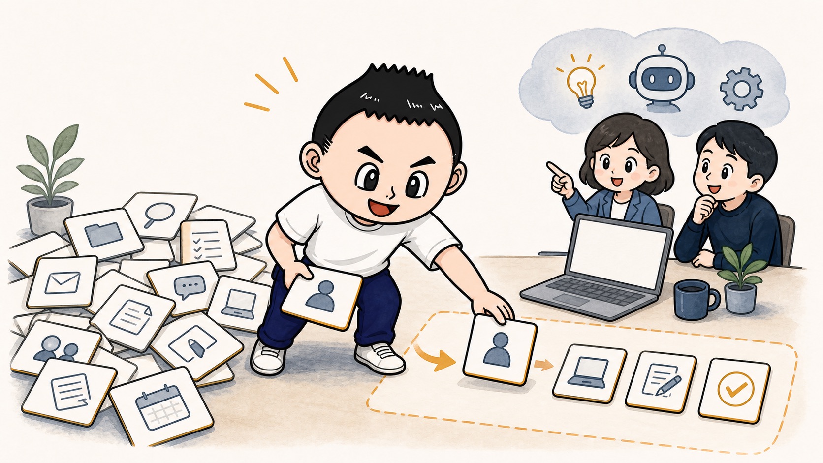 生成AIの社内教育を実際の業務場面カードから始めるイラスト