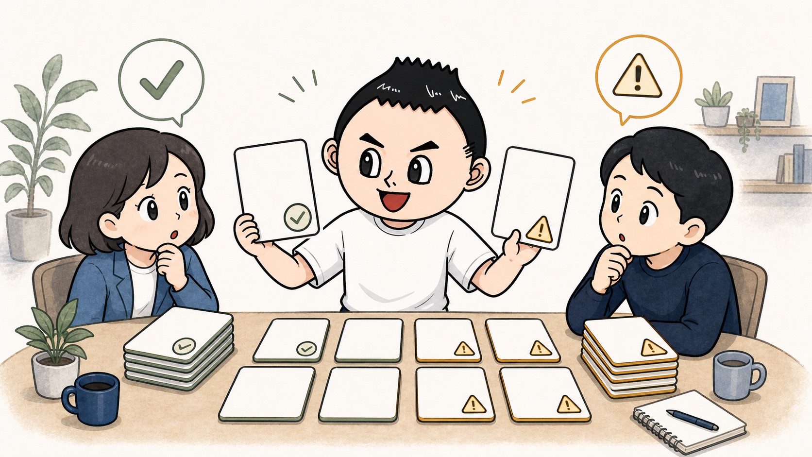 生成AIの社内教育で実例カードを使って判断をそろえるイラスト
