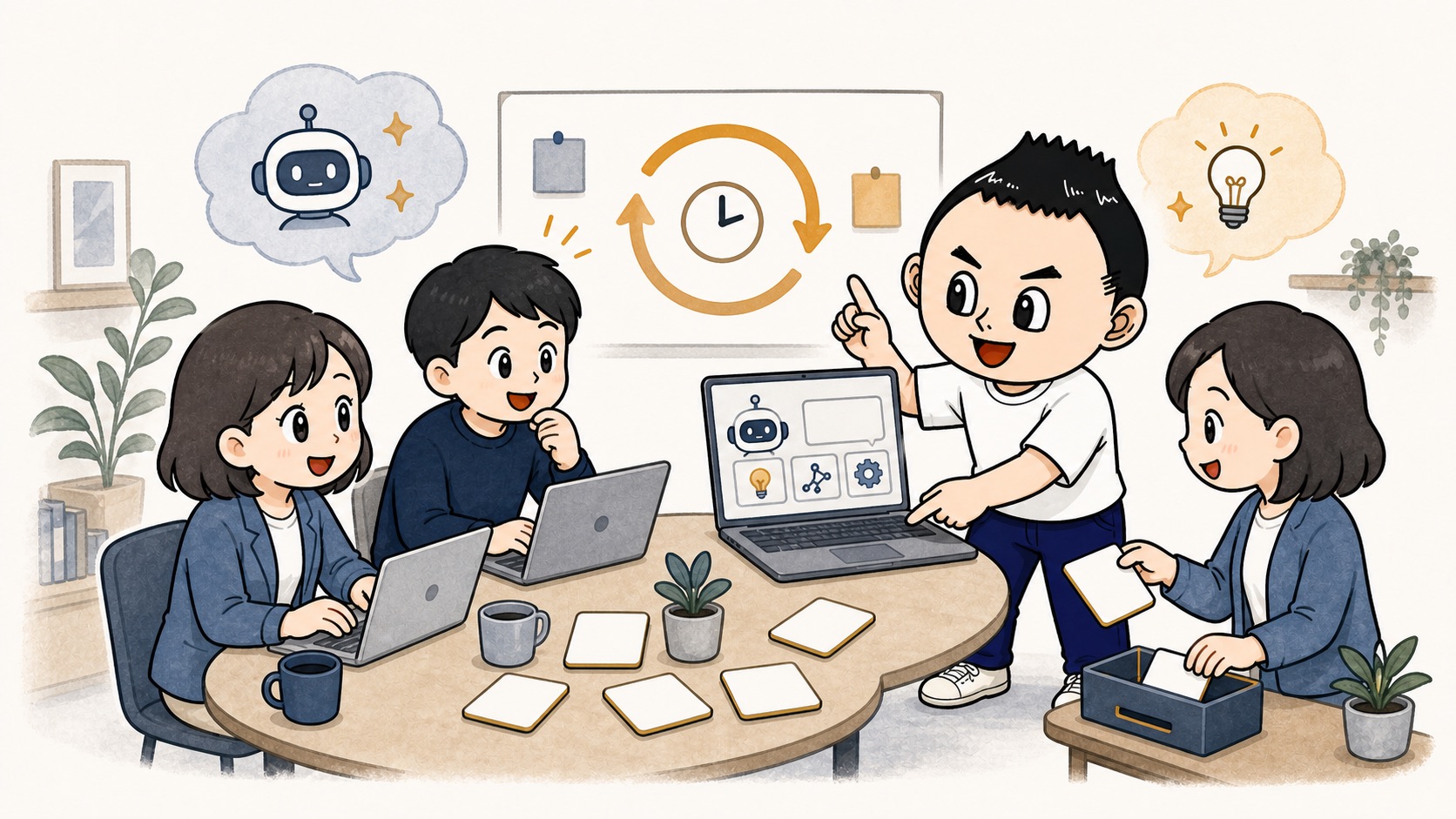 生成AIの社内研修を小さな実演と振り返りに分けるイラスト