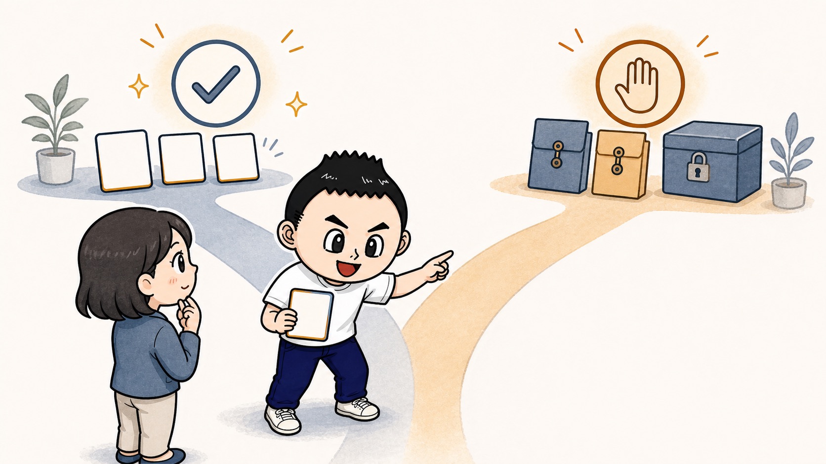 生成AIを使ってよい場面と止める場面を分岐で整理するイラスト