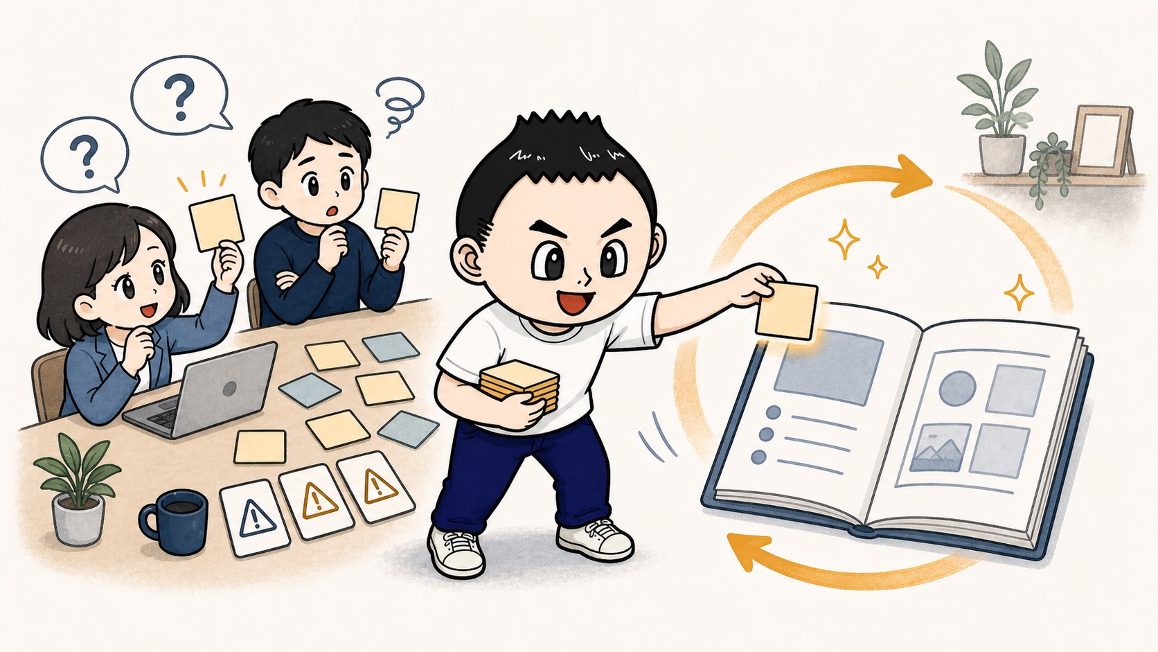 生成AIの社内教育教材を質問と失敗例から更新するイラスト