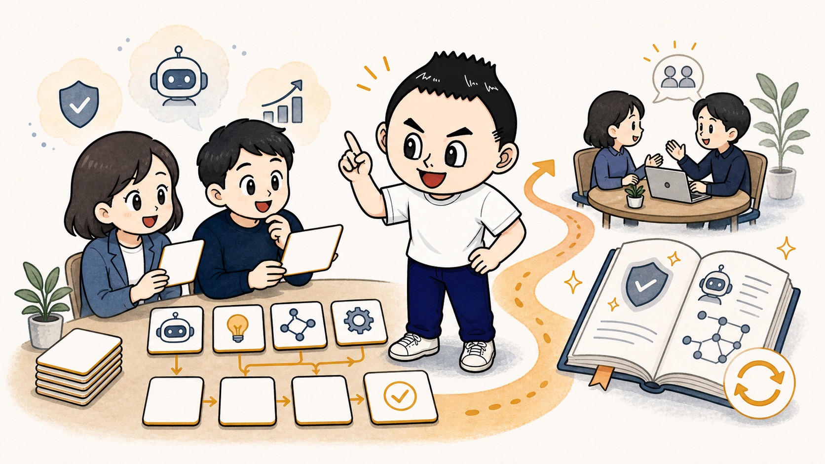 生成AIの社内教育で社員が自分で判断できる状態を作るイラスト