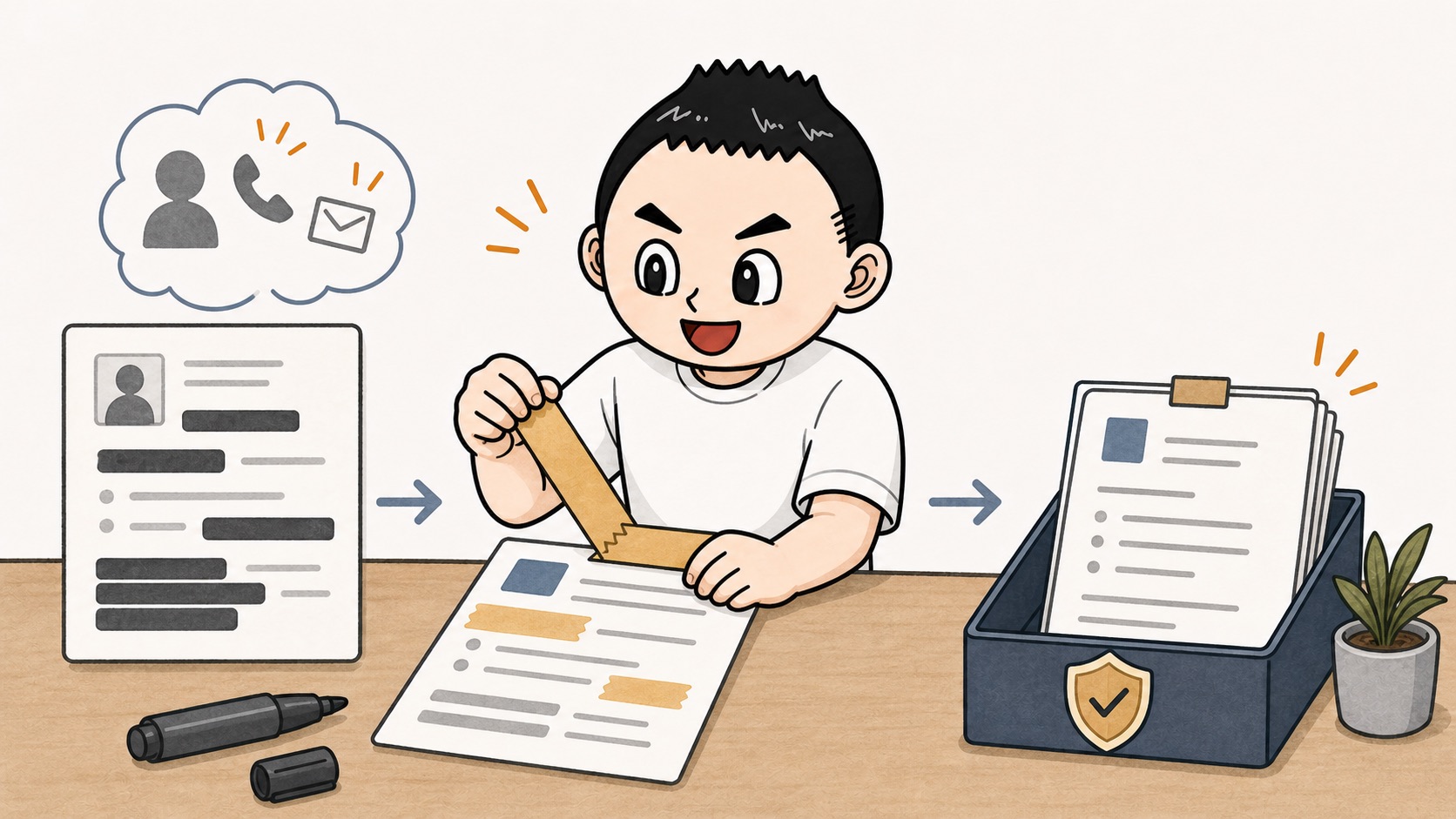 生成AI活用メモを共有前に匿名化して安全に残すイラスト