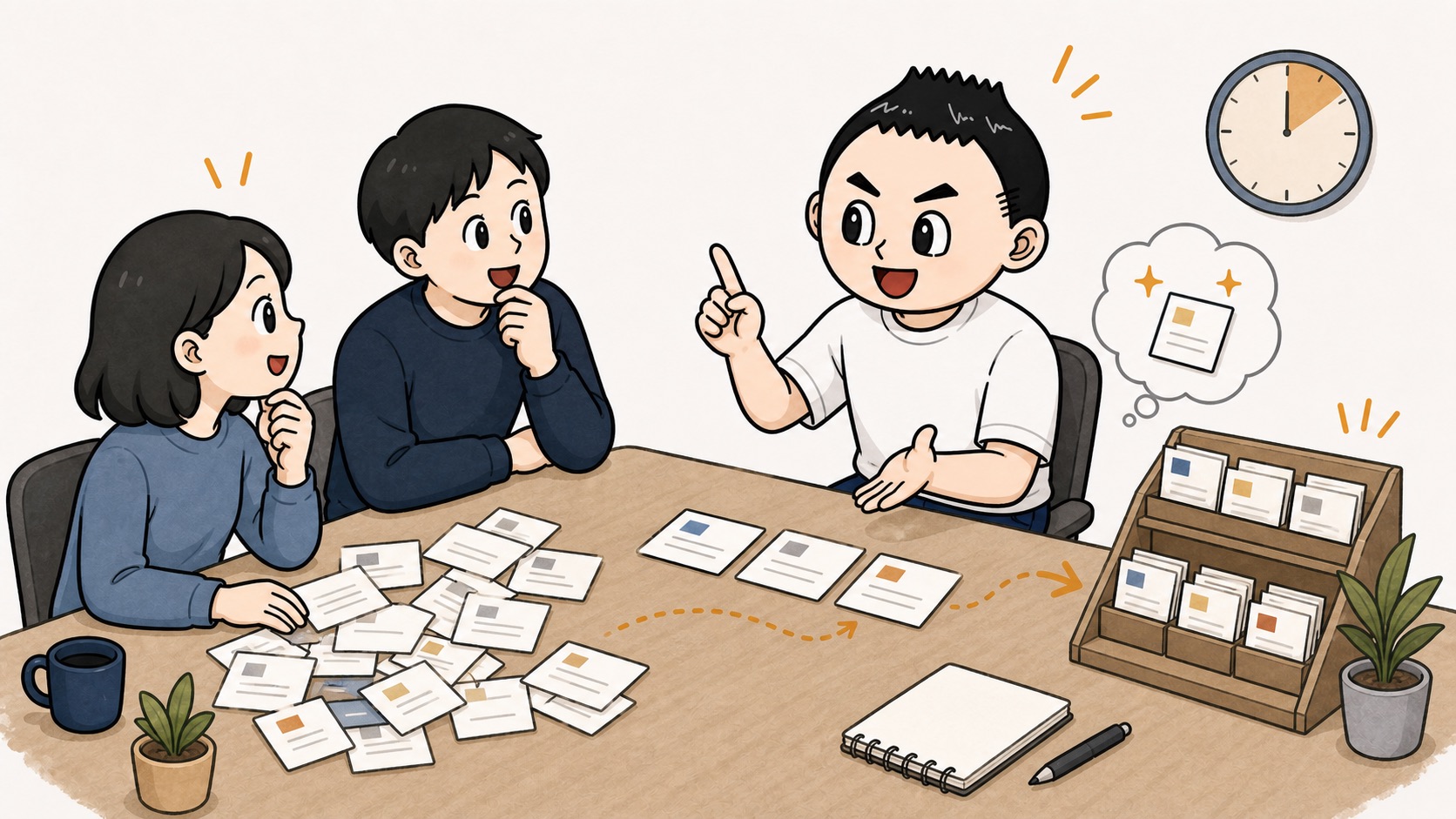 15分の改善会議で実例メモを社内FAQに育てるイラスト