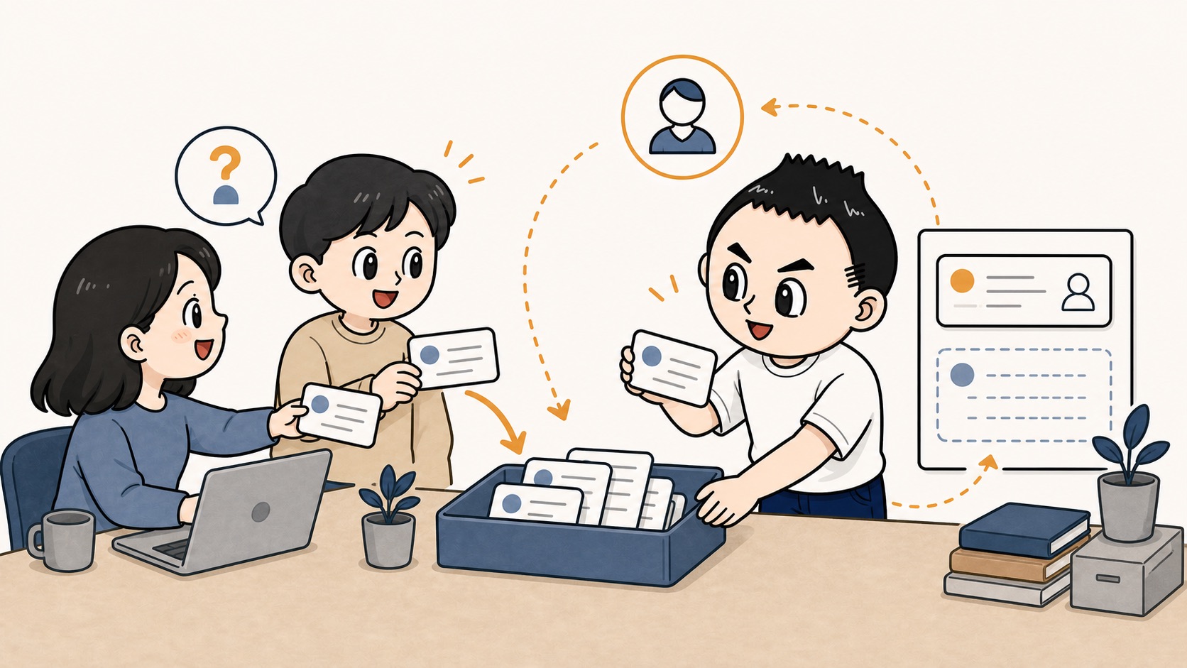 生成AIの社内FAQへ現場の質問が集まり更新担当が整理するイラスト