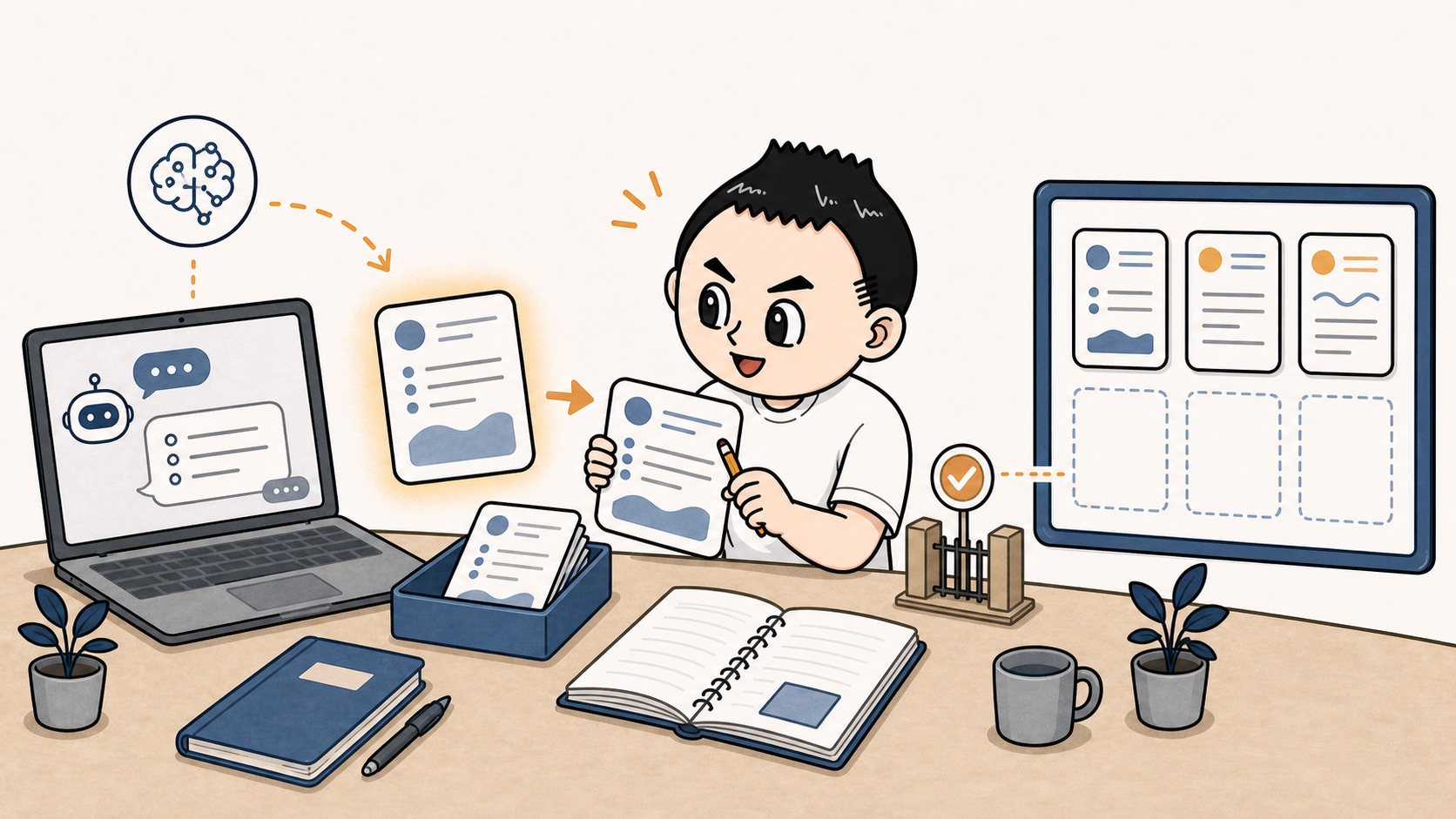 生成AIが作ったFAQ下書きを人が確認して採用範囲を決めるイラスト
