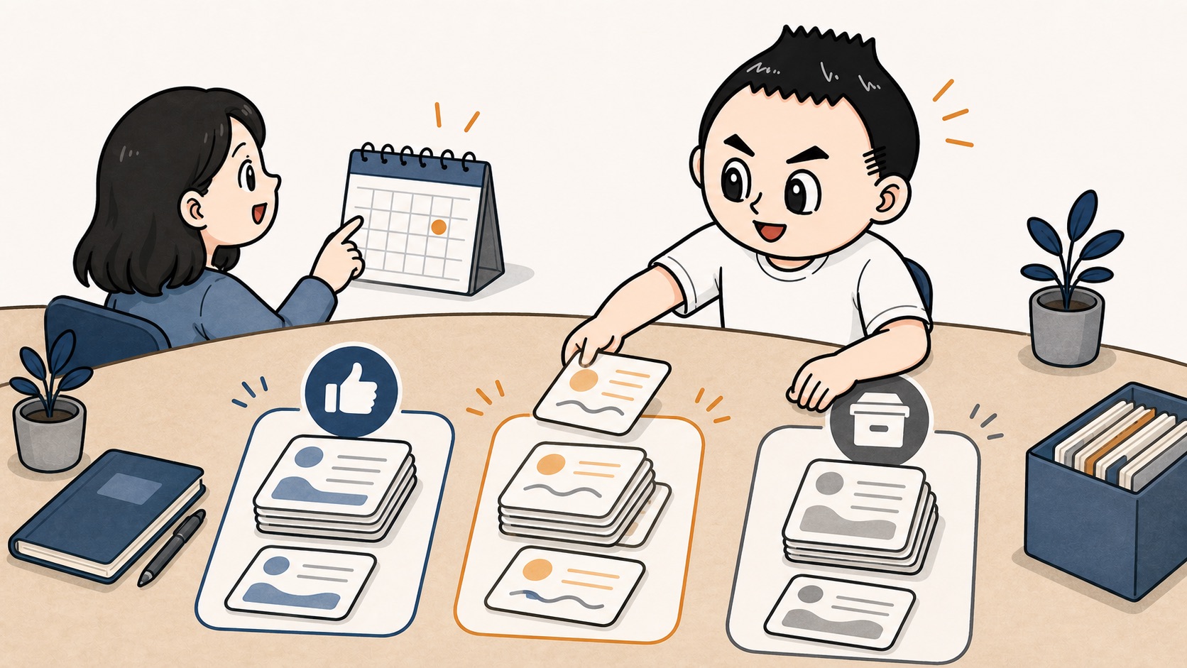 生成AIの社内FAQを30日ごとに整理して重複や古い回答を見直すイラスト