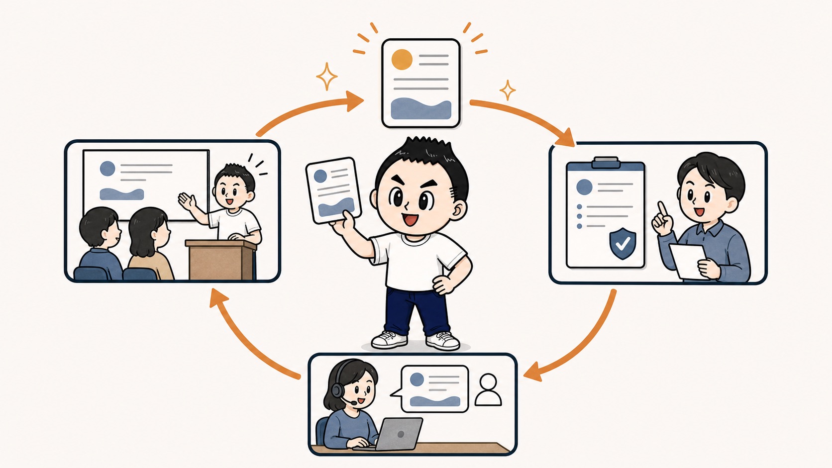 更新した社内FAQを教育と社内ルールと問い合わせ対応へ戻すイラスト
