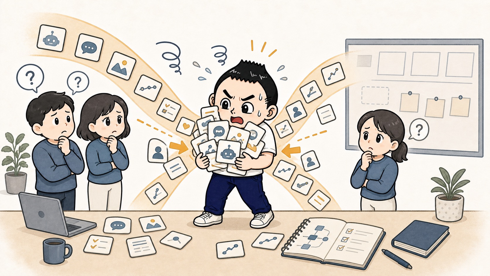 AI担当者に質問やAI活用カードが集中して属人化するイラスト