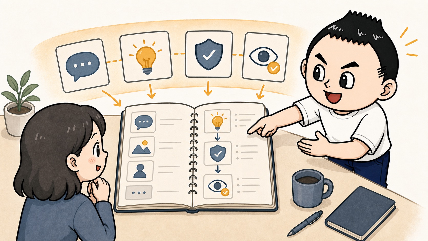 AI活用の引き継ぎでプロンプトだけでなく判断理由をノートに残すイラスト