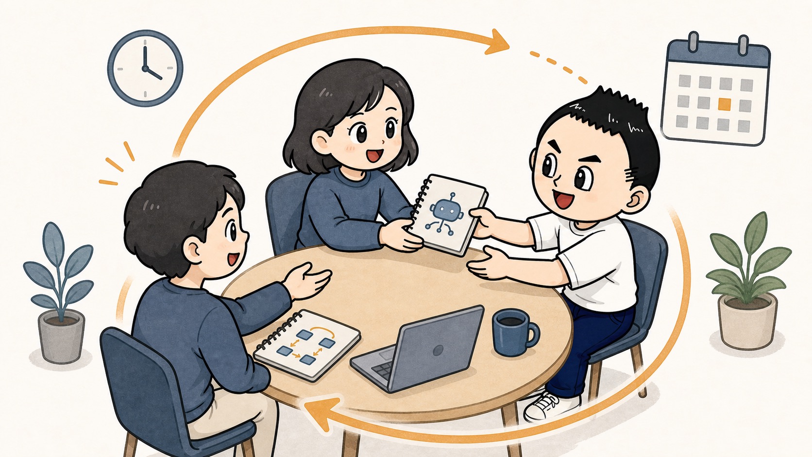 生成AIの社内運用を代理で回せるよう小さな確認会でノートを回すイラスト