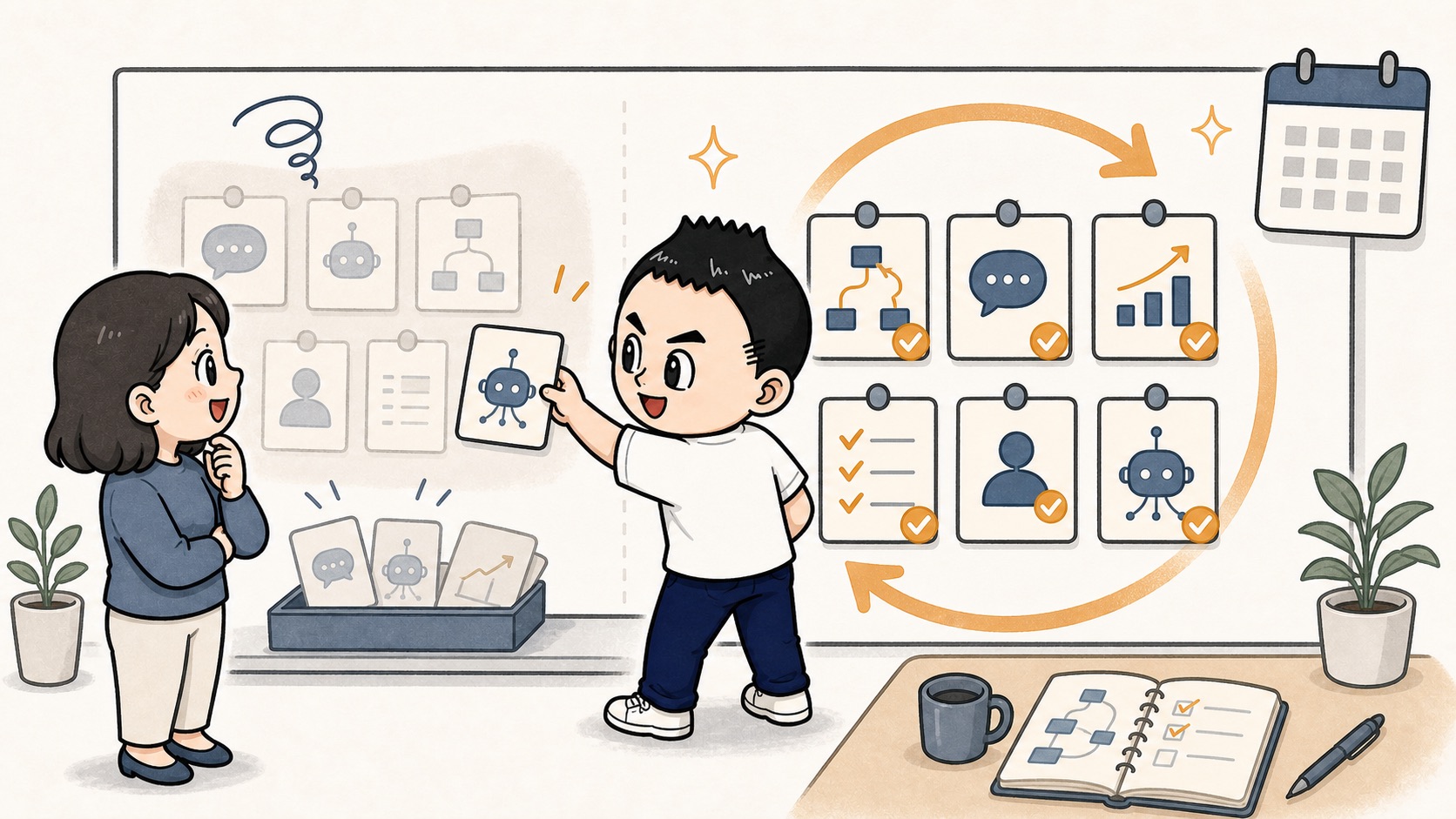 生成AIの社内運用で古いルールと使われていない型を30日ごとに見直すイラスト