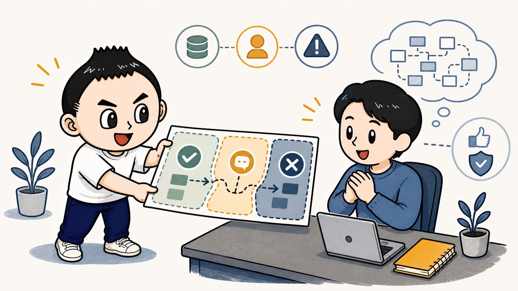 代理担当へ生成AI運用で判断してよい範囲を渡すイラスト