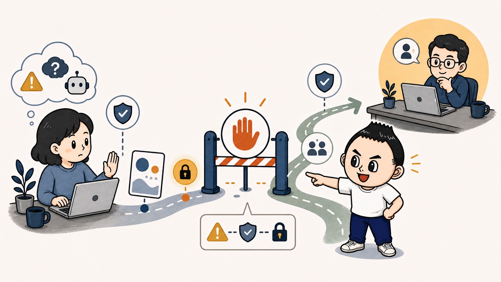 生成AIの代理運用で無理に進めず停止条件で責任者へ回すイラスト
