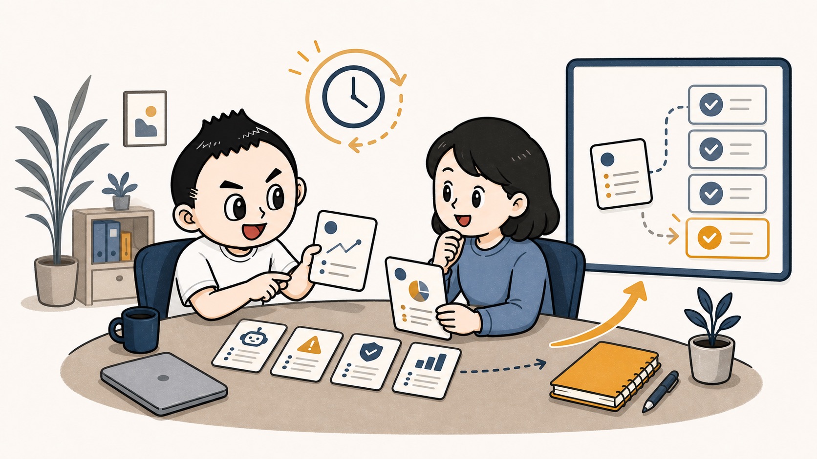 生成AIの運用ログを週1回の引き継ぎ時間で次の判断へ変えるイラスト