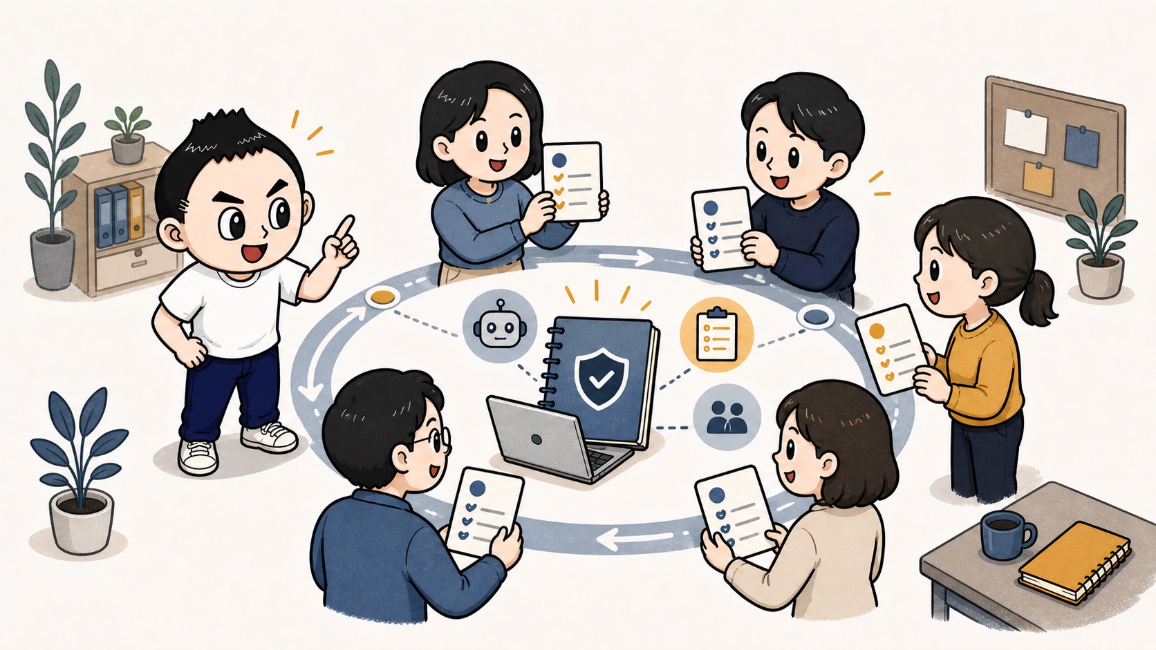 生成AIの代理運用が複数人で回る会社の仕組みになるイラスト