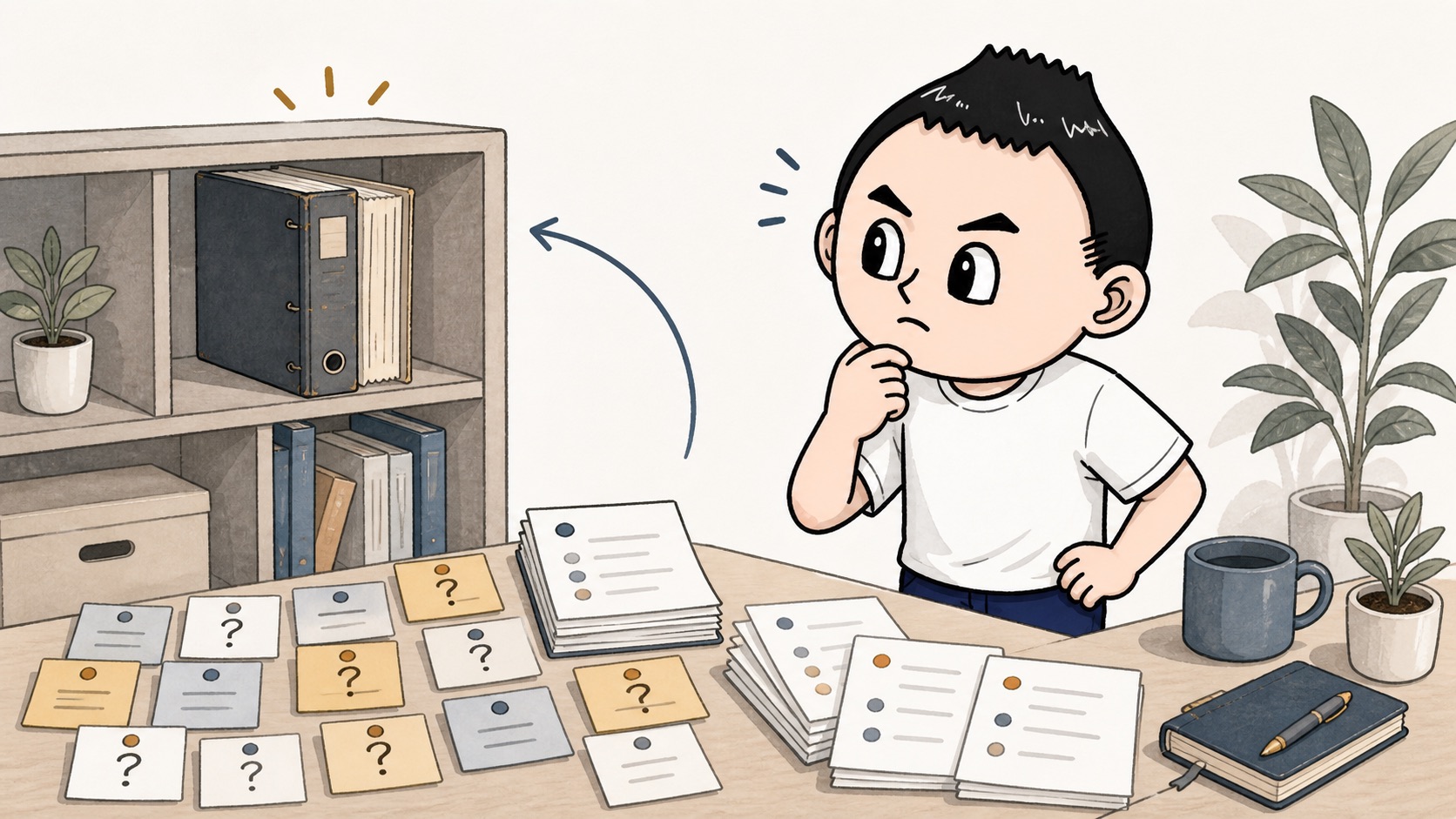 古い社内AIルールのバインダーと新しい迷いカードを見比べるイラスト
