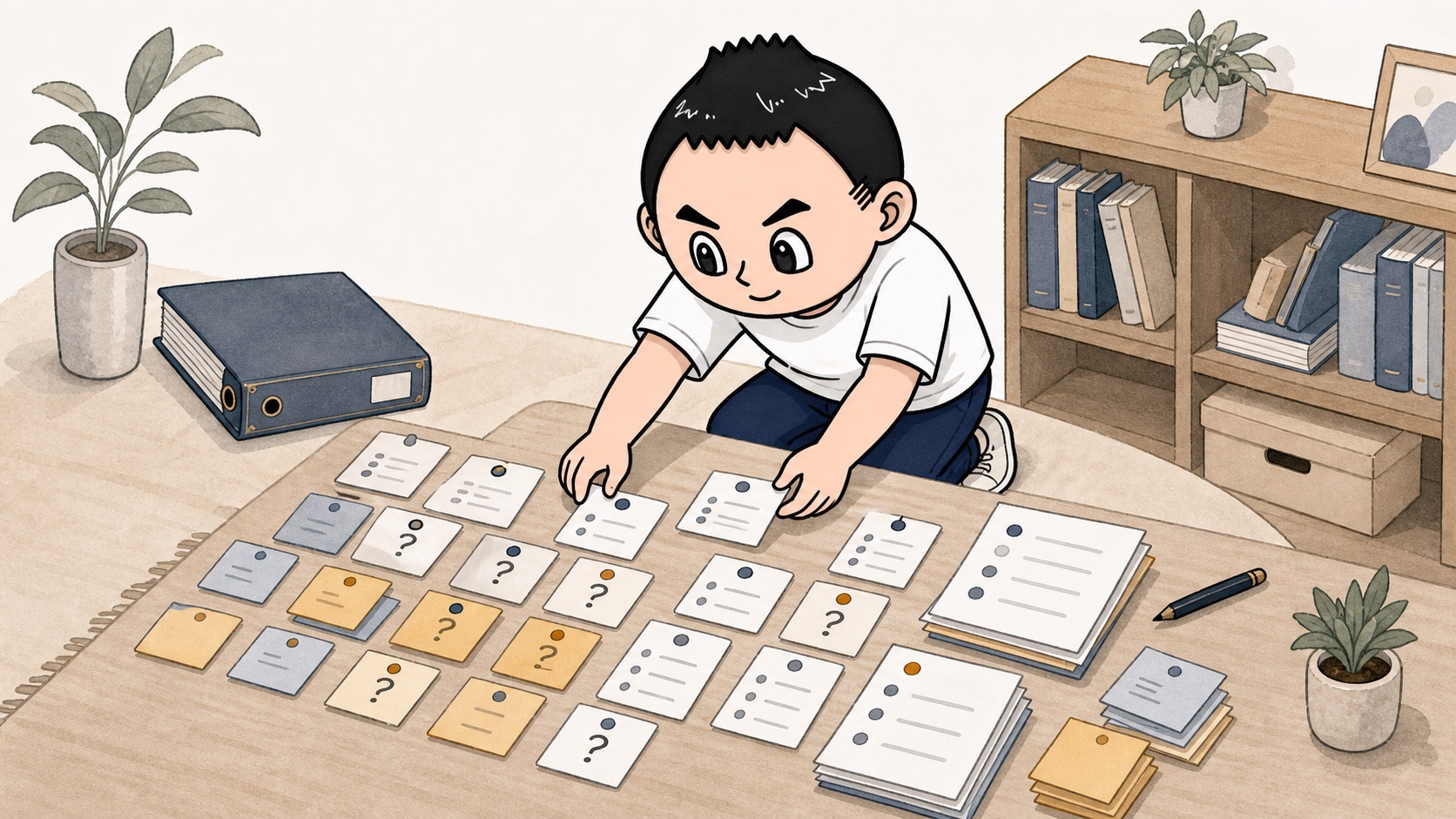 現場の迷いカードと運用ログを机に並べて確認するイラスト