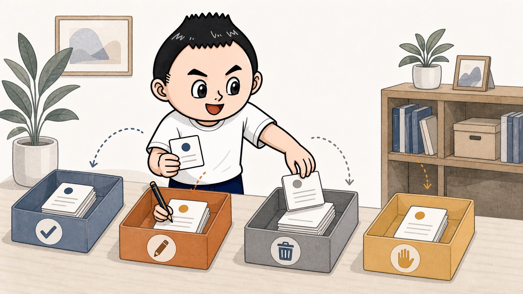 生成AIの社内ルールカードを残す直す消す止めるに仕分けるイラスト