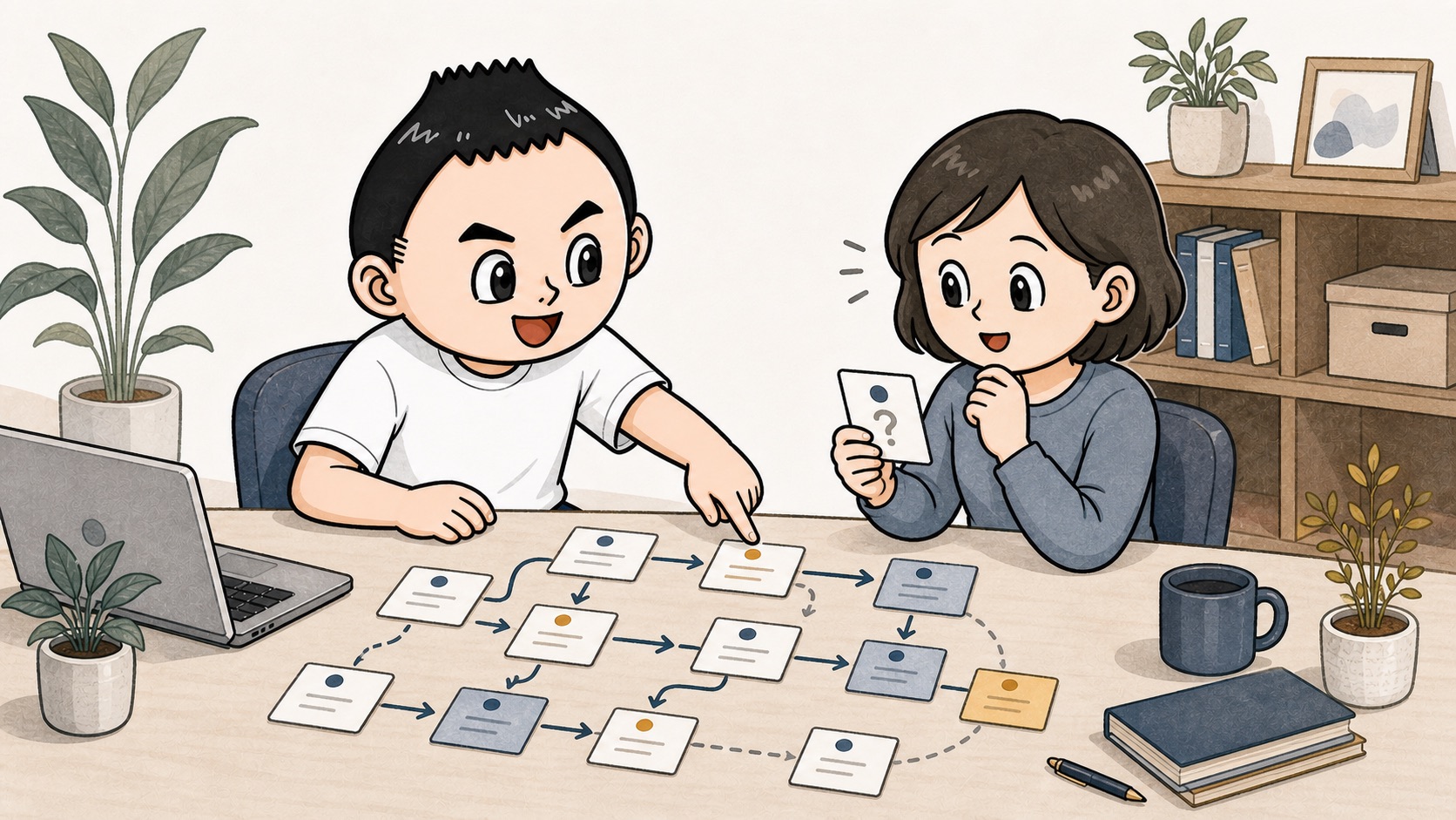 代理担当や新人が迷う業務フローを一緒に確認するイラスト