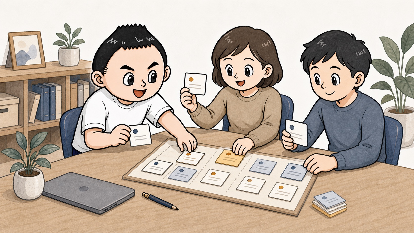 社内メンバーが生成AIルールカードを一緒に更新するイラスト