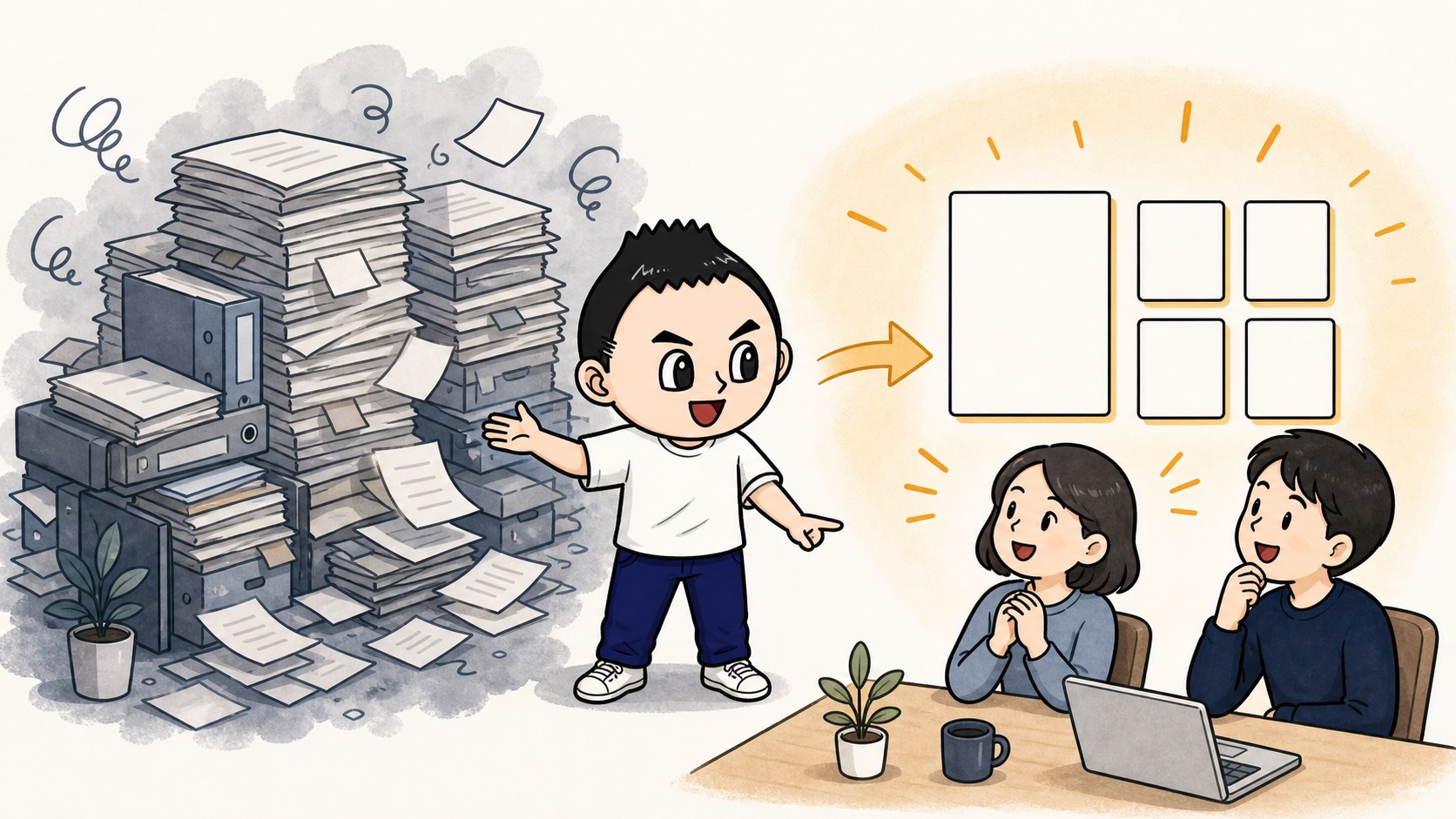 更新されたAIルール全文ではなく変更点カードを見せるイラスト