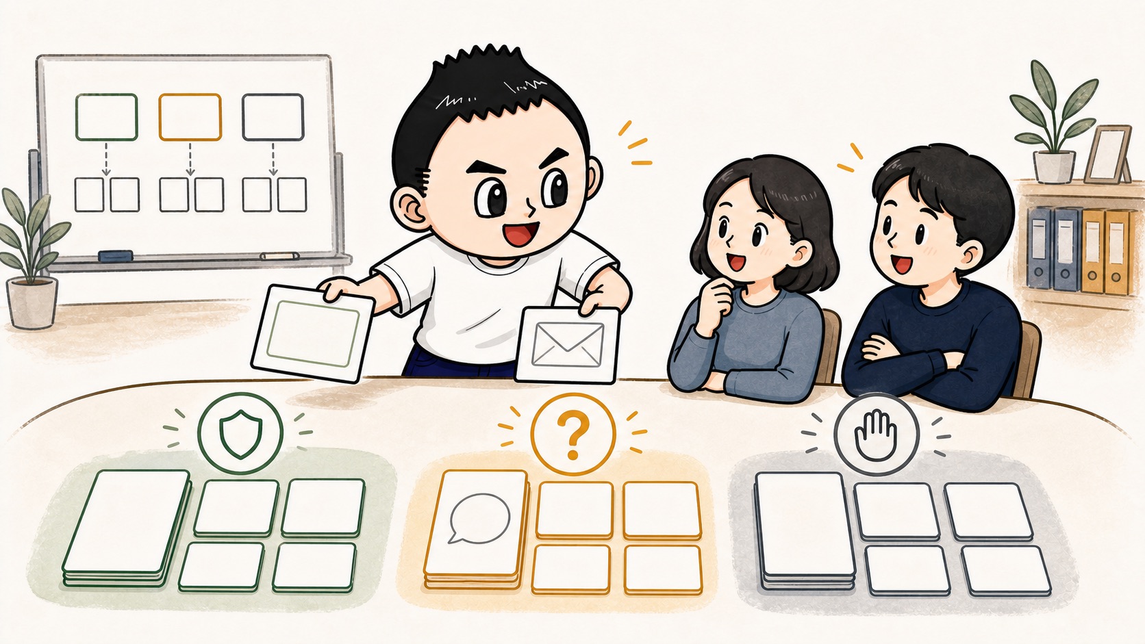 生成AIルールの禁止事項ではなく判断例カードを共有するイラスト