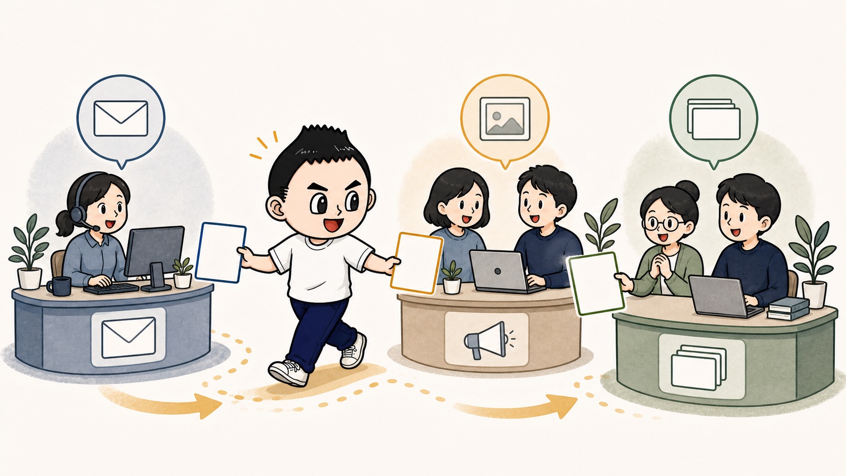 部署ごとに違うAIルール共有カードを配るイラスト