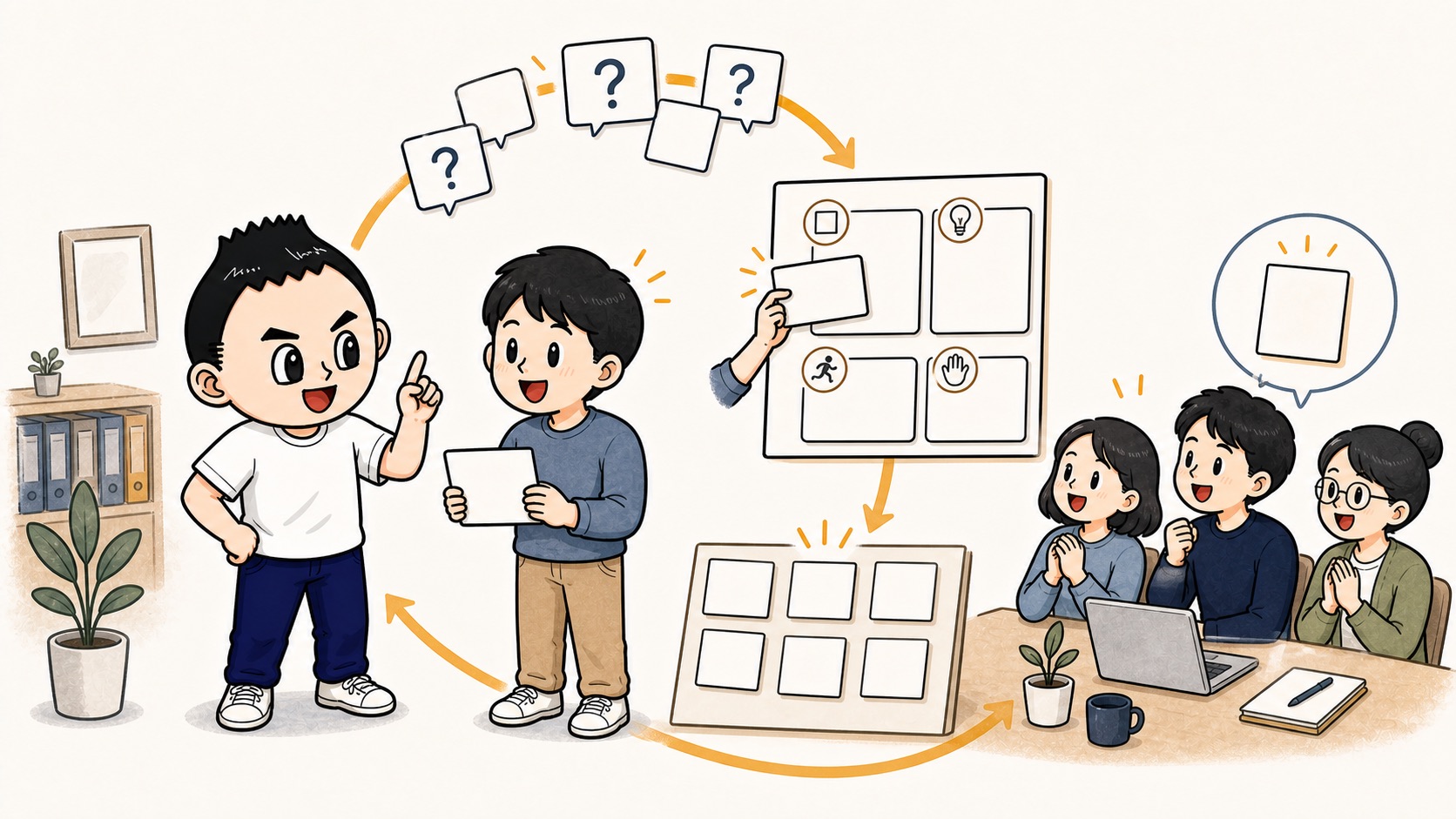 AIルール共有を担う担当者が現場の質問を集めて更新するイラスト