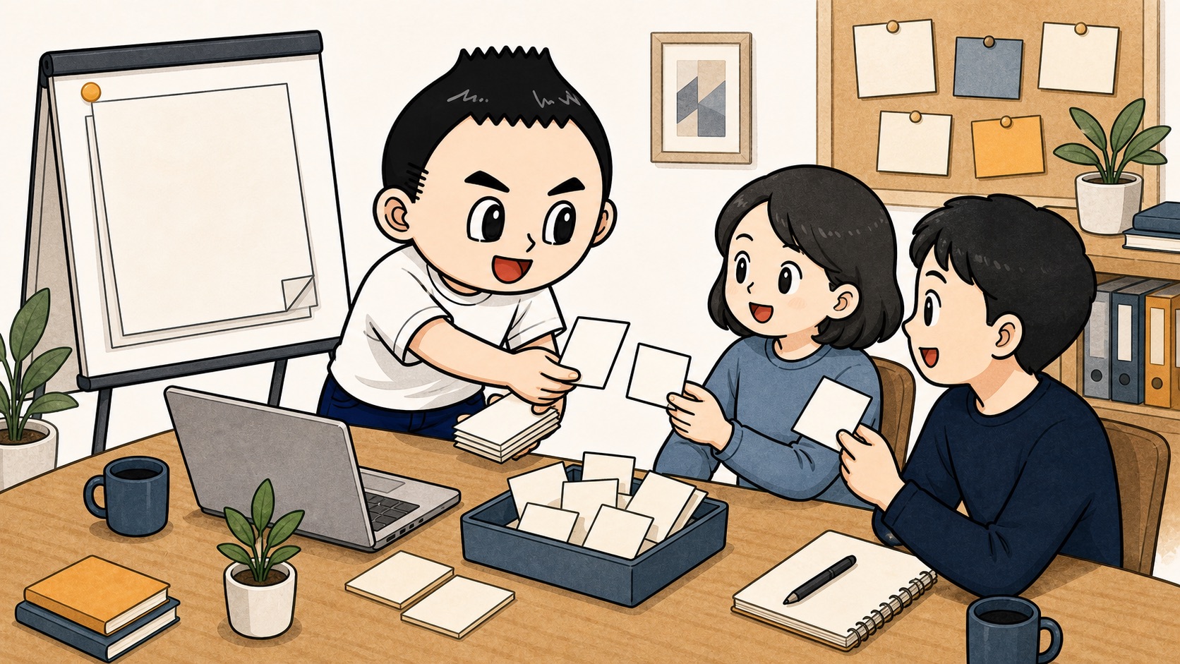 生成AIルール共有後に質問カードを集めるイラスト