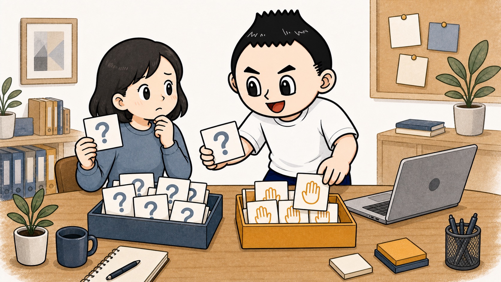 生成AI教育の質問カードと停止カードを分けるイラスト