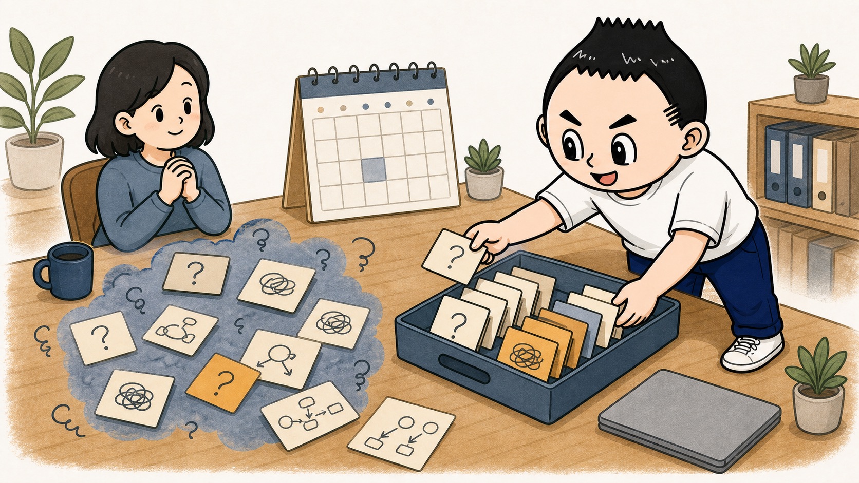 生成AIの月次レビューで運用の迷いカードを集めるイラスト