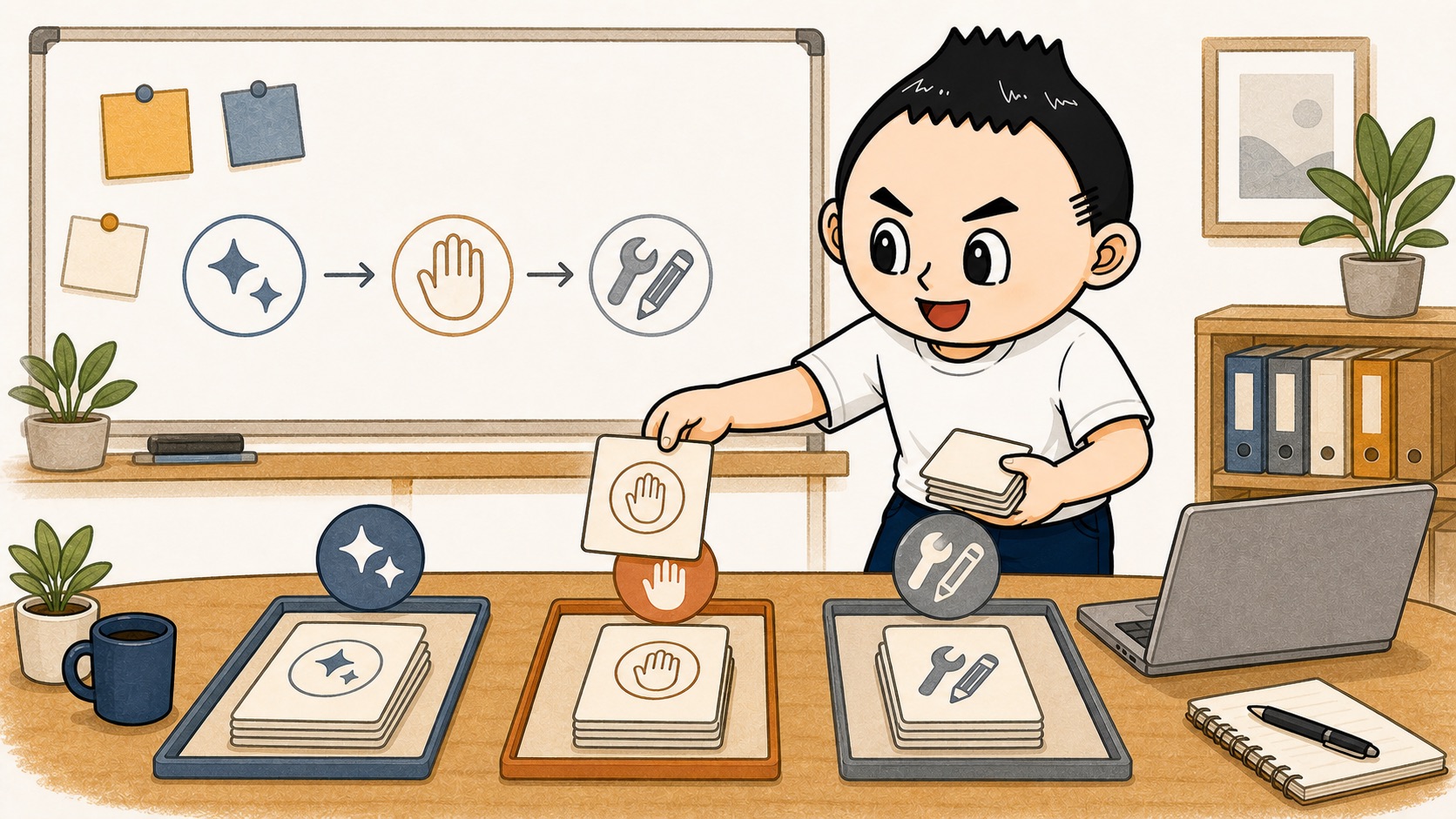生成AIの月次レビューで3種類のカードに絞って整理するイラスト