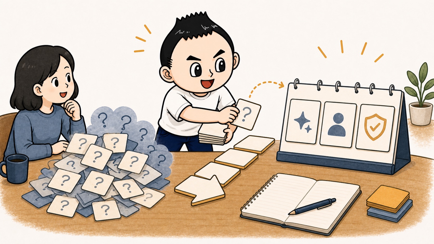 生成AIの質問ログを翌月の実例カードへ戻すイラスト
