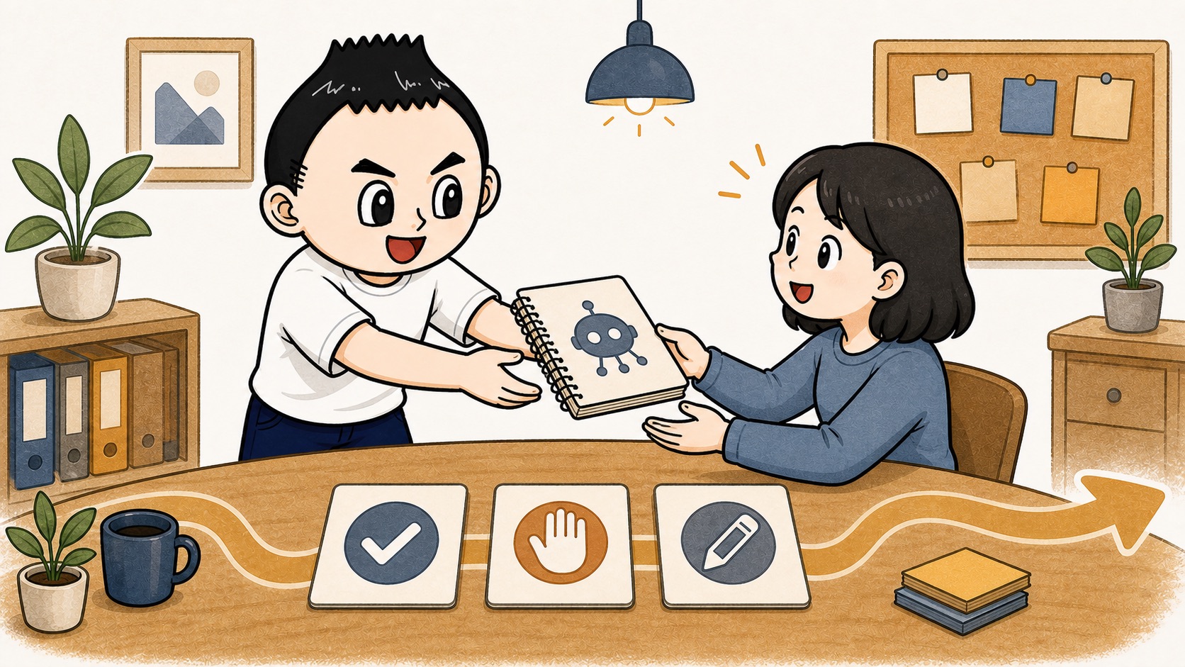 生成AIの月次レビューで判断理由を引き継ぎノートに残すイラスト