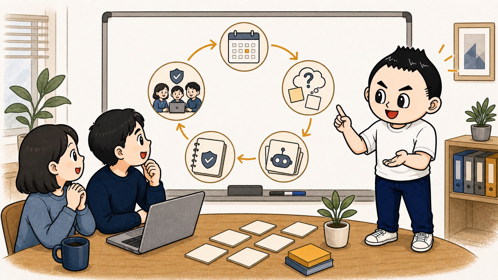 生成AIの月次レビューが質問ログや実例カードやルール更新へ循環するイラスト