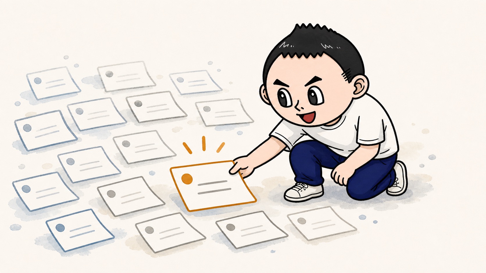 生成AIの月次レビュー後にたくさんの改善案から1つだけ選ぶイラスト
