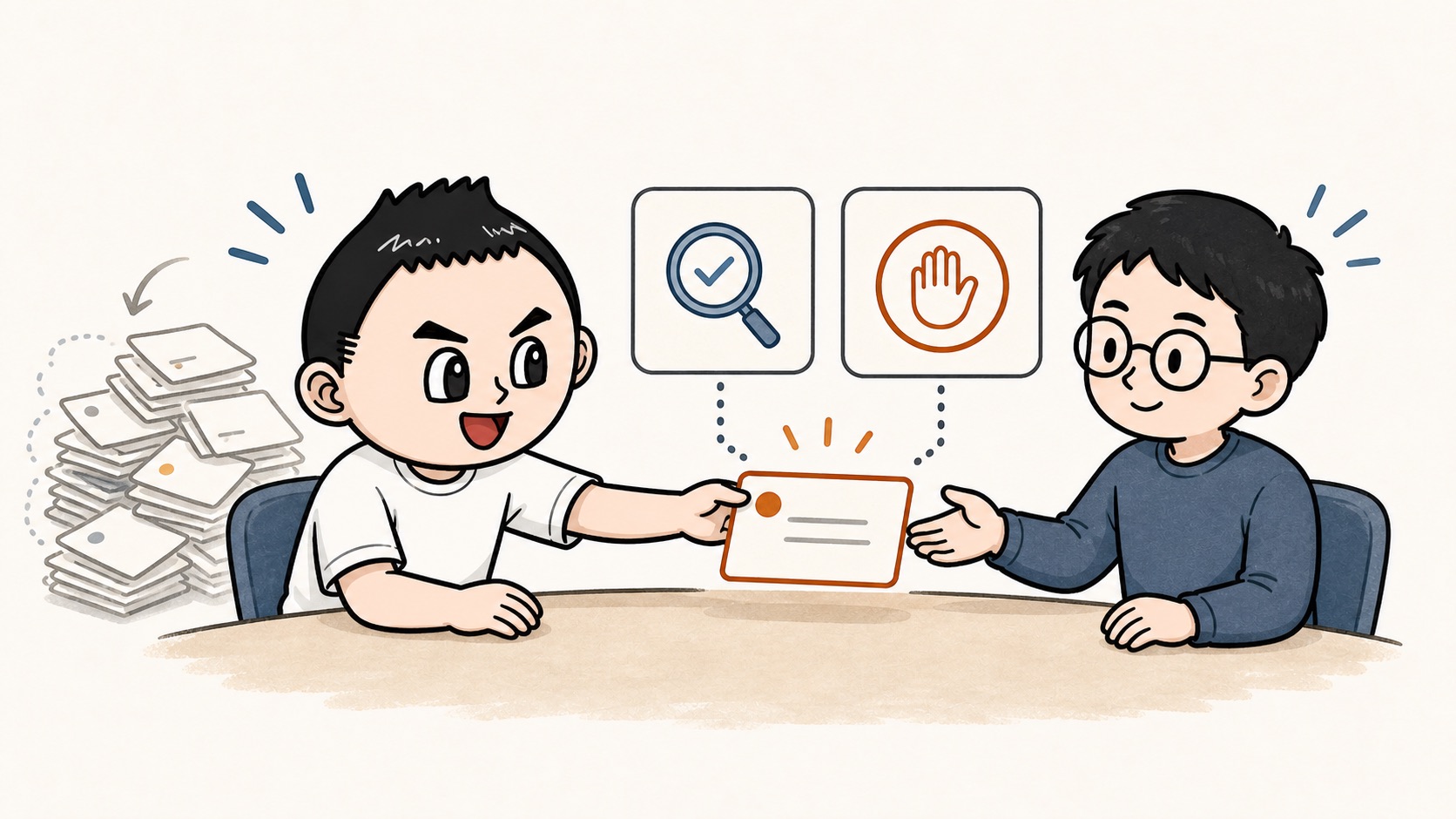 生成AIの改善タスクに確認者と止める条件をセットで渡すイラスト